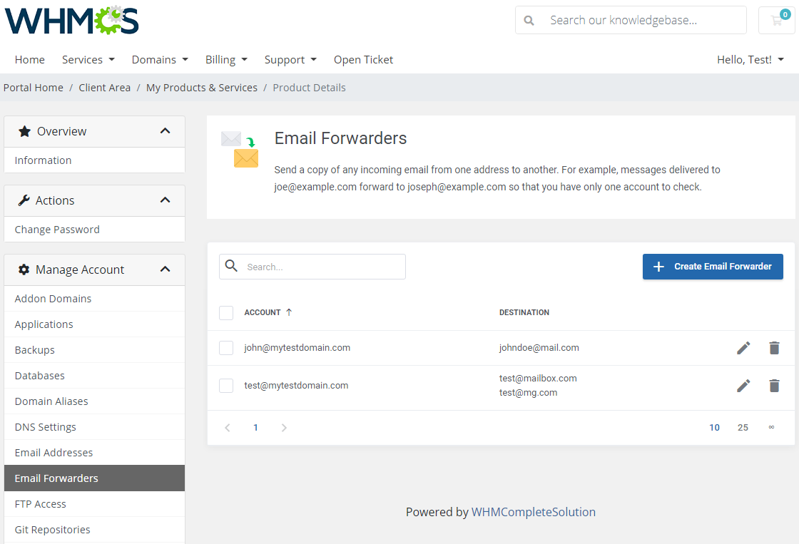 Plesk Extended For WHMCS: Create Email Account dialog with address, domain, password, quota and description fields