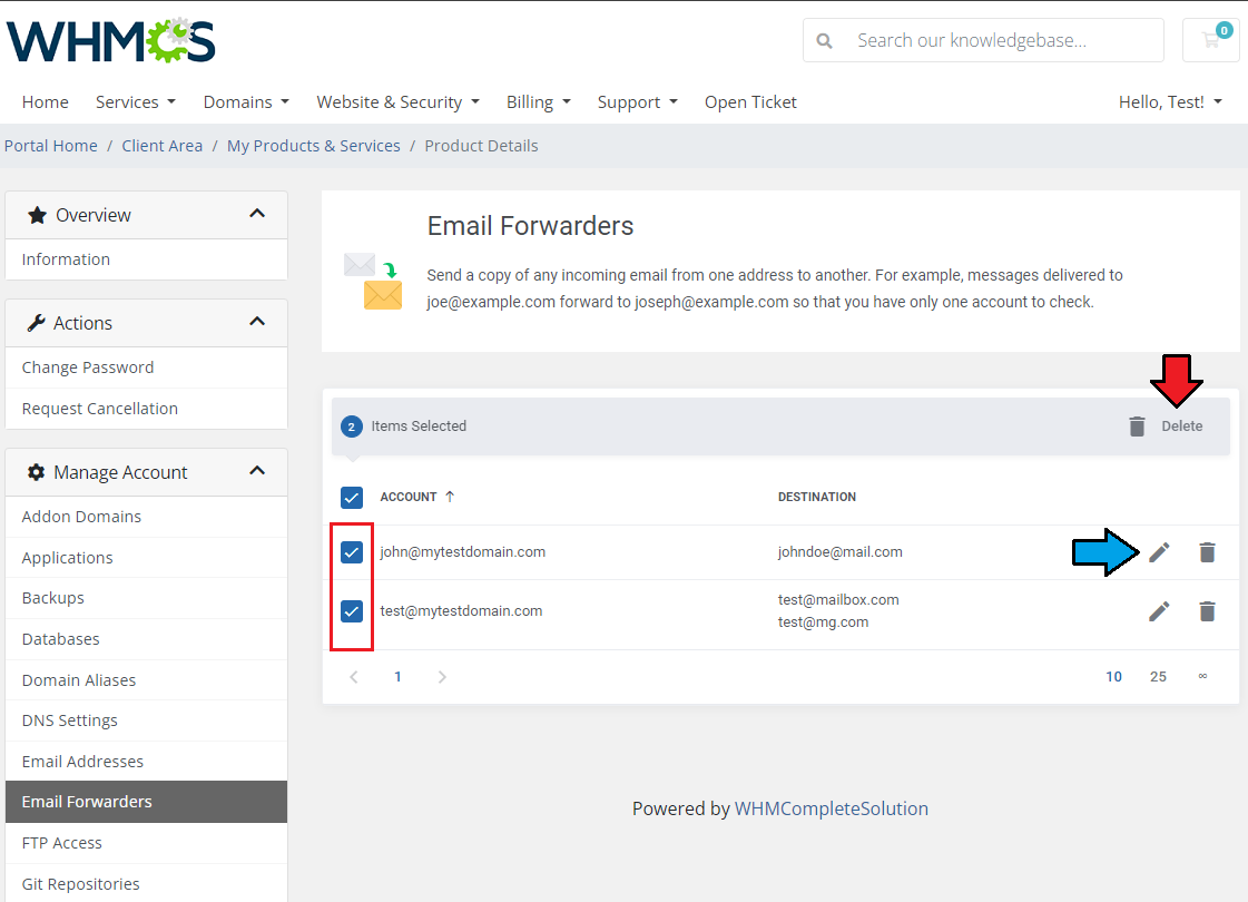 Plesk Extended For WHMCS: Create Email Forwarder dialog with the address to forward and destination fields