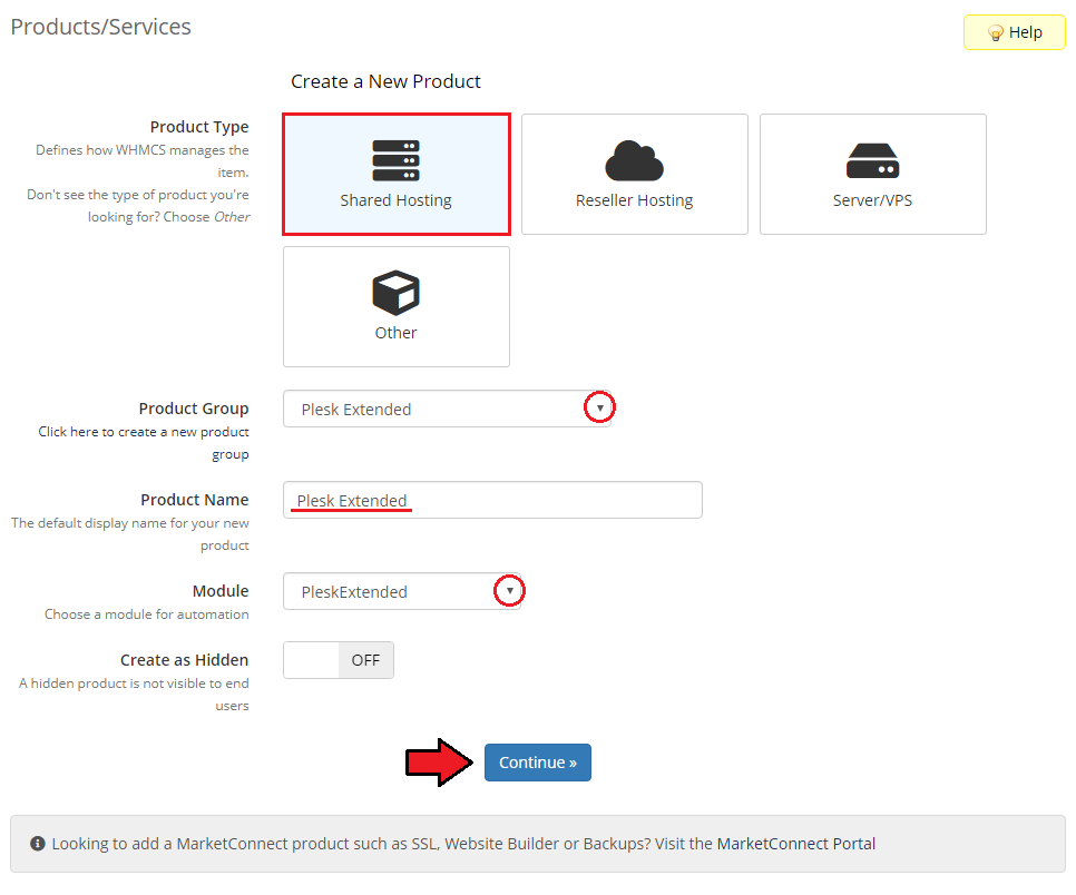 Plesk Extended For WHMCS: WHMCS Create a New Product form with Shared Hosting type and the PleskExtended module selected