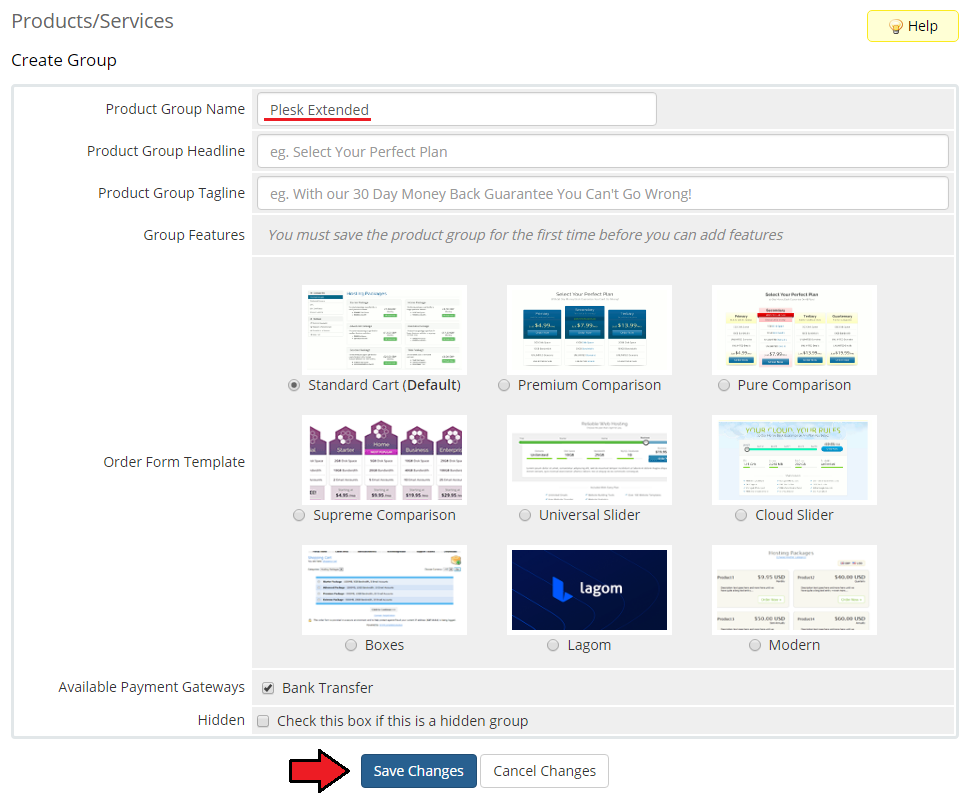 Plesk Extended For WHMCS: WHMCS Create Group form for a product group name with the Save Changes button