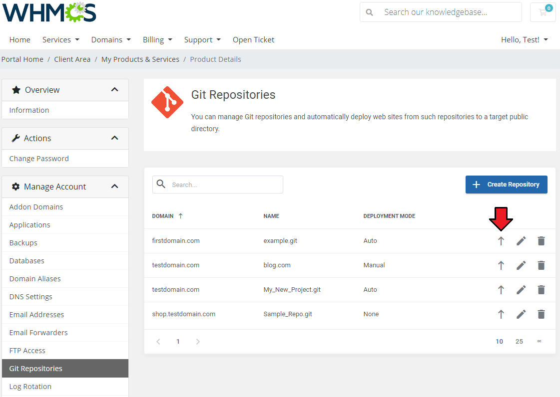 Plesk Extended For WHMCS: Create Repository dialog with domain, name, deployment path, mode and actions fields