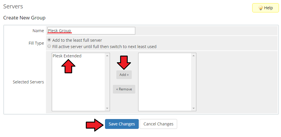 Plesk Extended For WHMCS: Create New Group form with a group name and the Plesk Extended server added to the group