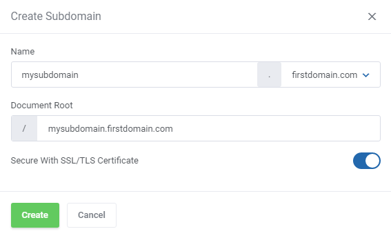 Plesk Extended For WHMCS: Create Subdomain window with name, parent domain, document root and SSL/TLS switch