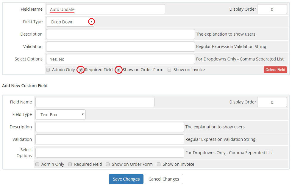 Plesk Extended For WHMCS: WHMCS Custom Fields tab with the Auto Update drop down field set to Yes, No