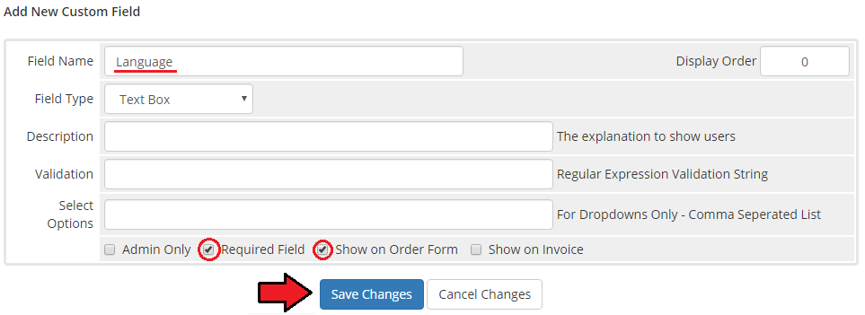 Plesk Extended For WHMCS: WHMCS Add New Custom Field form with the Language field and Save Changes