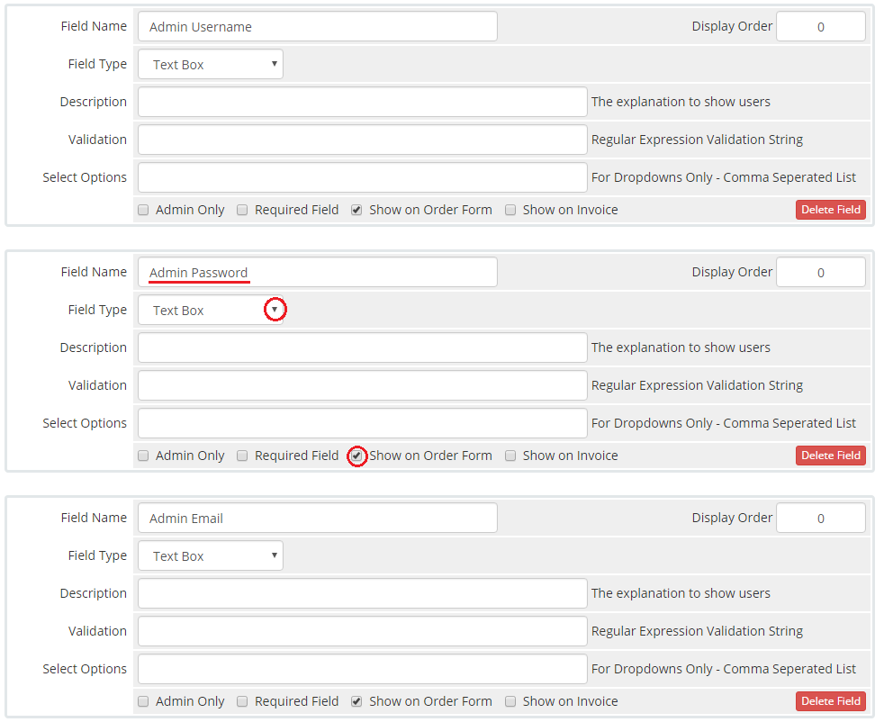 Plesk Extended For WHMCS: WHMCS Custom Fields tab with Admin Username, Admin Password and Admin Email fields