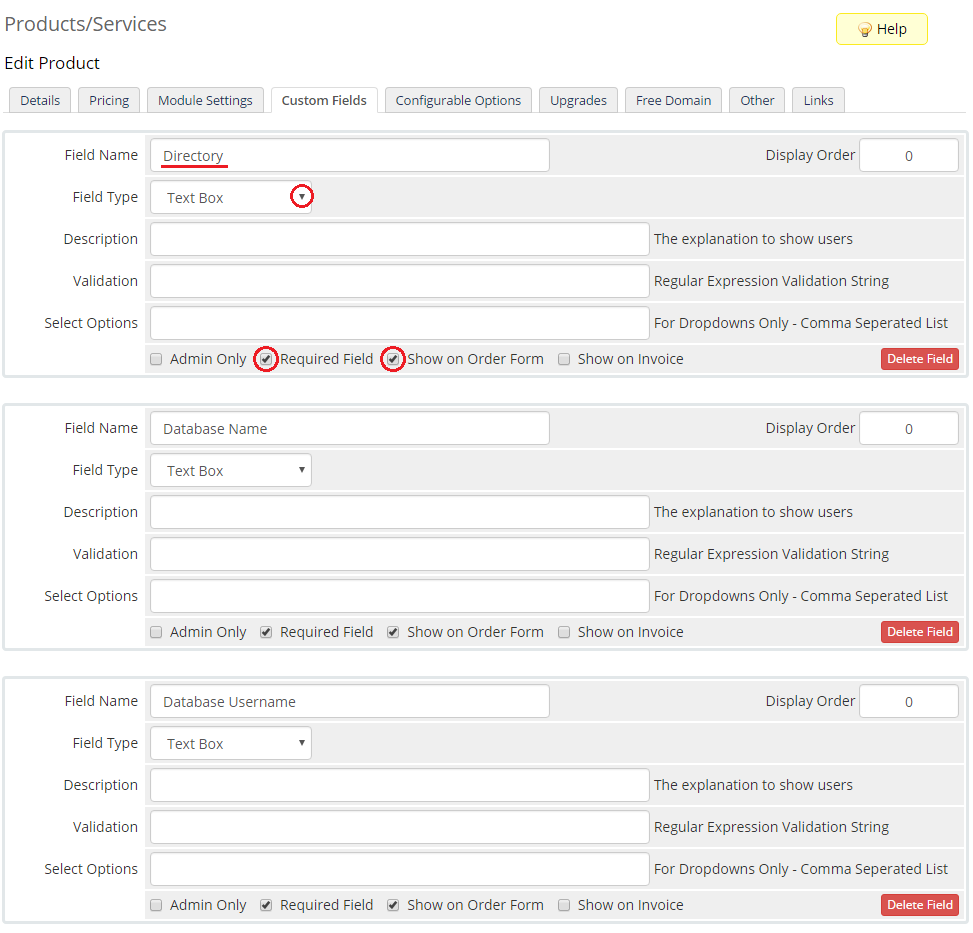 Plesk Extended For WHMCS: WHMCS Custom Fields tab with Directory, Database Name and Database Username fields