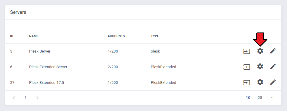 Plesk Extended For WHMCS: Dashboard Servers table with the server configuration gear icon highlighted