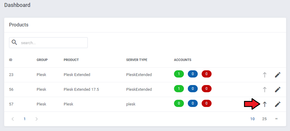 Plesk Extended For WHMCS: addon Dashboard products list with an arrow on the upgrade button of the standard Plesk