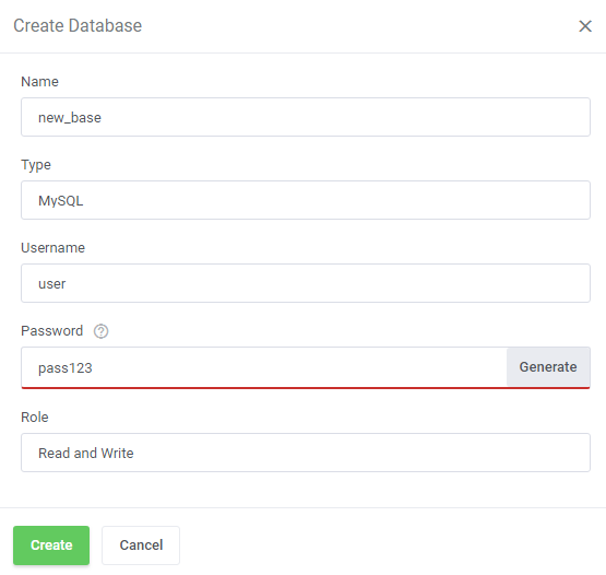 Plesk Extended For WHMCS: client area Databases page with the database list and Create Database button