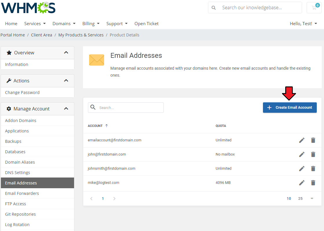 Plesk Extended For WHMCS: DNS Records page for a domain with an arrow pointing to the Create DNS Record button