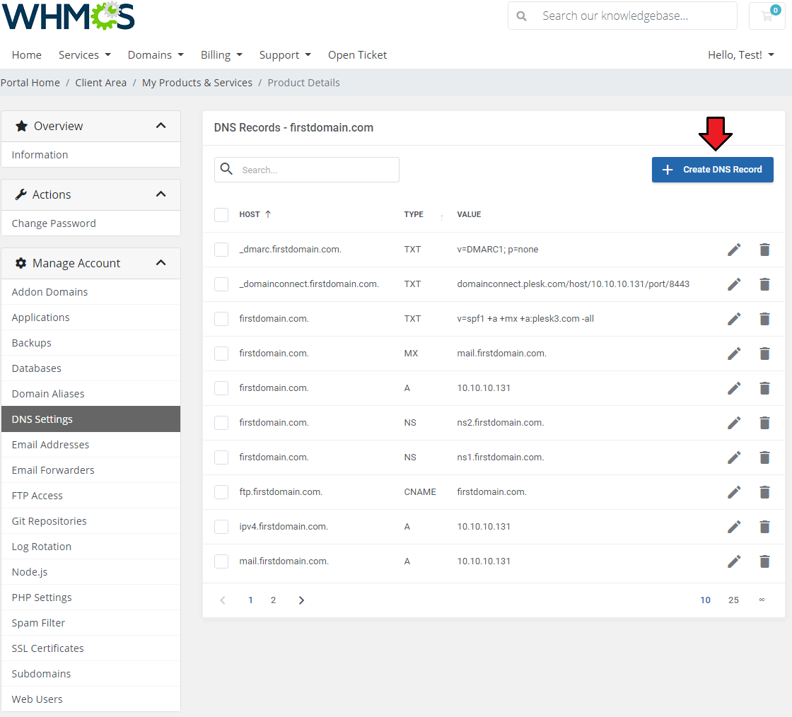Plesk Extended For WHMCS: client area DNS Settings page with an arrow pointing to the edit icon of a domain