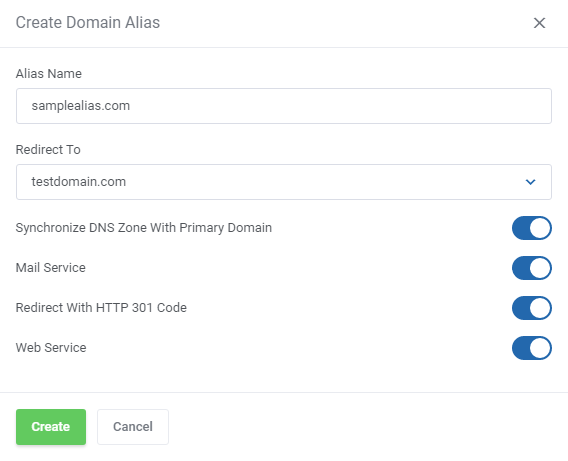 Plesk Extended For WHMCS: client area Domain Aliases page with an arrow pointing to the Create Domain Alias button