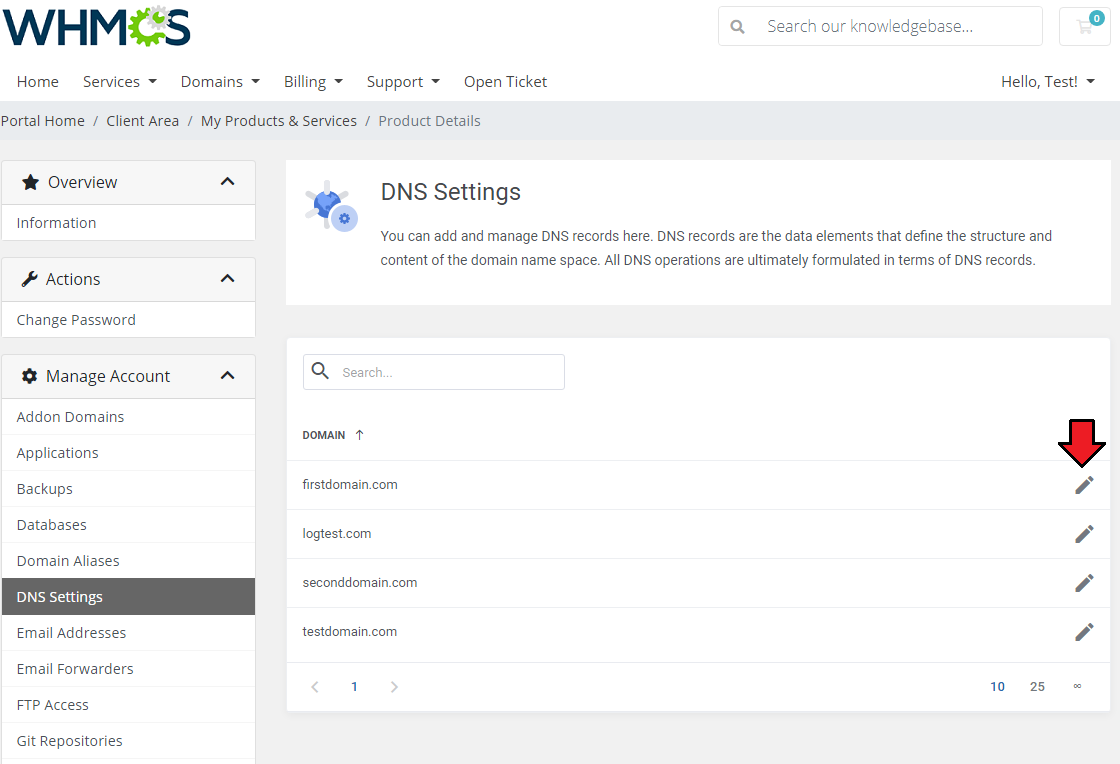 Plesk Extended For WHMCS: Domain Aliases list with the edit, settings and delete icons highlighted for each alias