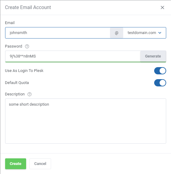 Plesk Extended For WHMCS: client area Email Addresses page with an arrow pointing to the Create Email Account button