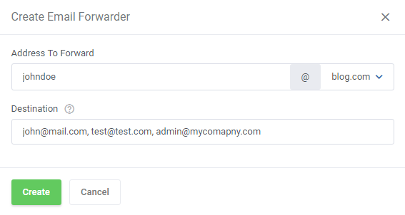 Plesk Extended For WHMCS: client area Email Forwarders page with the forwarder list and Create Email Forwarder button