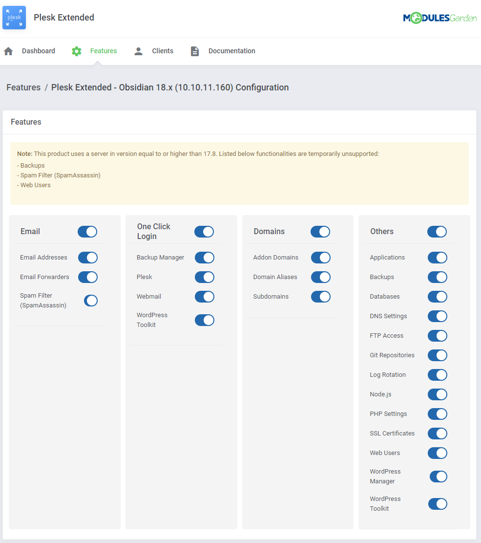Plesk Extended For WHMCS: Features configuration of a product with toggles for Email, Domains, One Click Login and