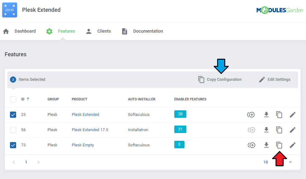 Plesk Extended For WHMCS: Features list with two products selected and the Copy Configuration action