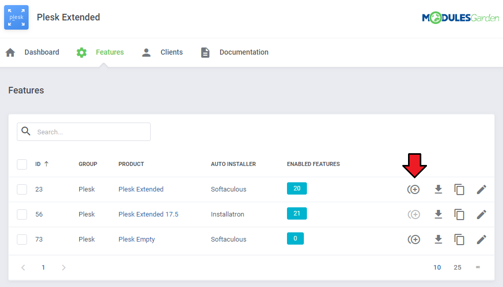 Plesk Extended For WHMCS: Features product list with the button for generating configurable options highlighted