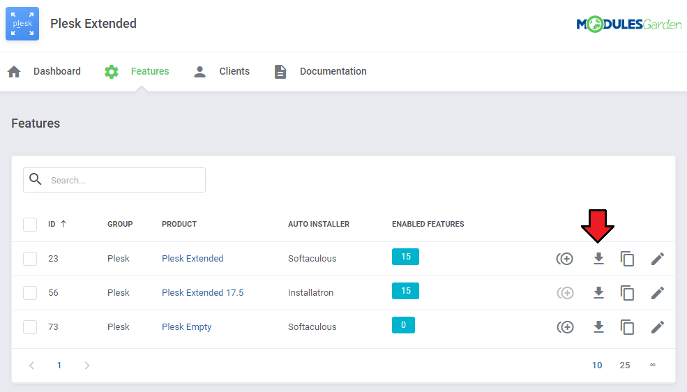 Plesk Extended For WHMCS: Features list with the download icon for the applications list