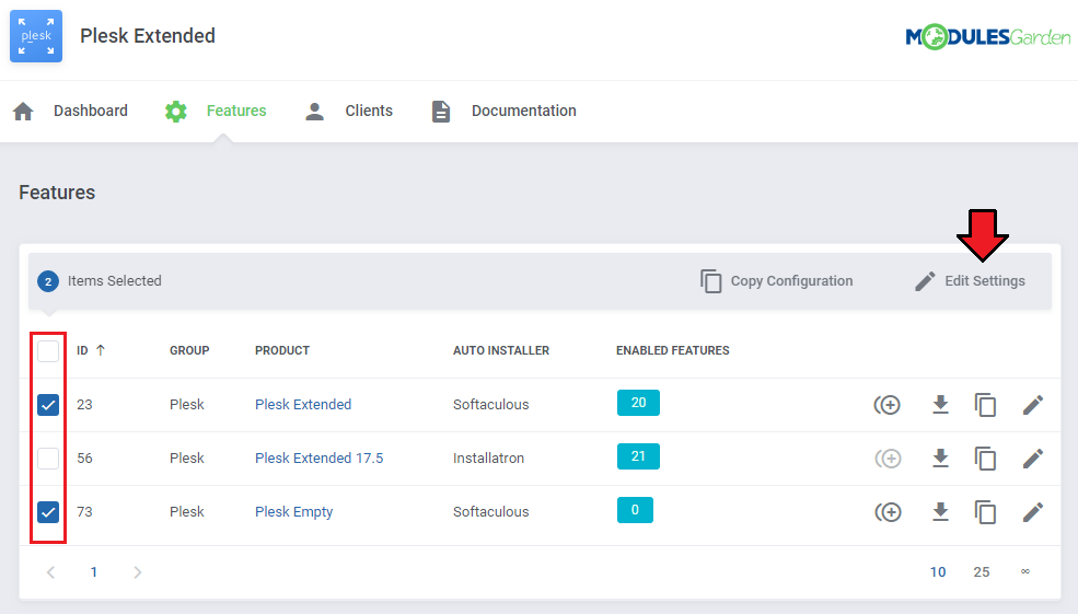 Plesk Extended For WHMCS: Features list with two products selected and the Edit Settings mass action