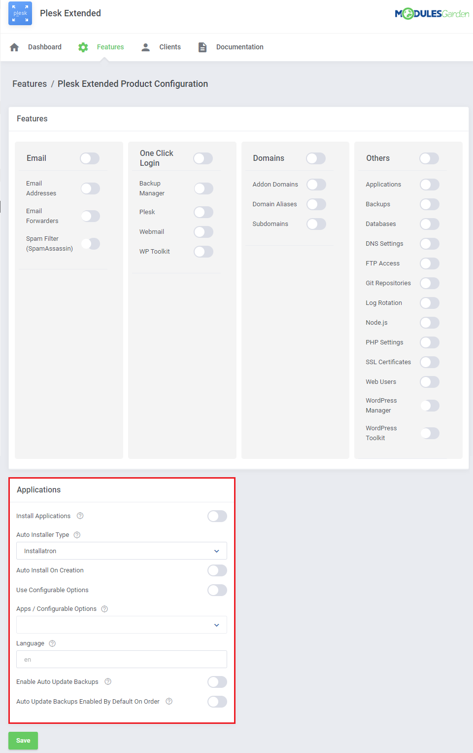 Plesk Extended For WHMCS: Features product configuration page with the Applications section highlighted