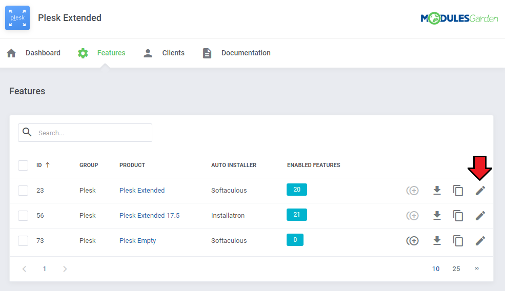 Plesk Extended For WHMCS: Plesk Extended addon Features page with the product list and the edit configuration button