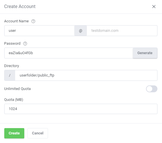 Plesk Extended For WHMCS: client area FTP Access page with an arrow pointing to the Create Account button