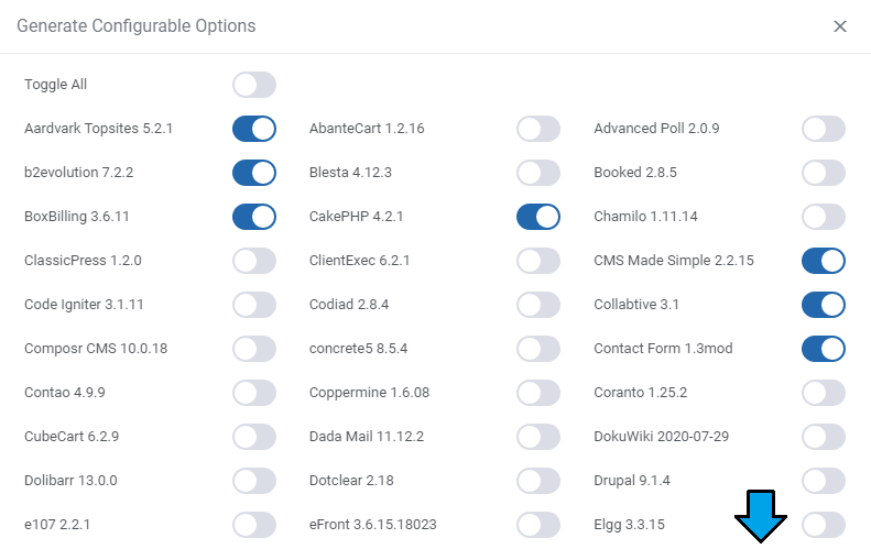 Plesk Extended For WHMCS: Generate Configurable Options window with application toggles