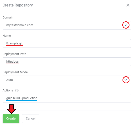 Plesk Extended For WHMCS: client area Git Repositories page with an arrow pointing to the Create Repository button