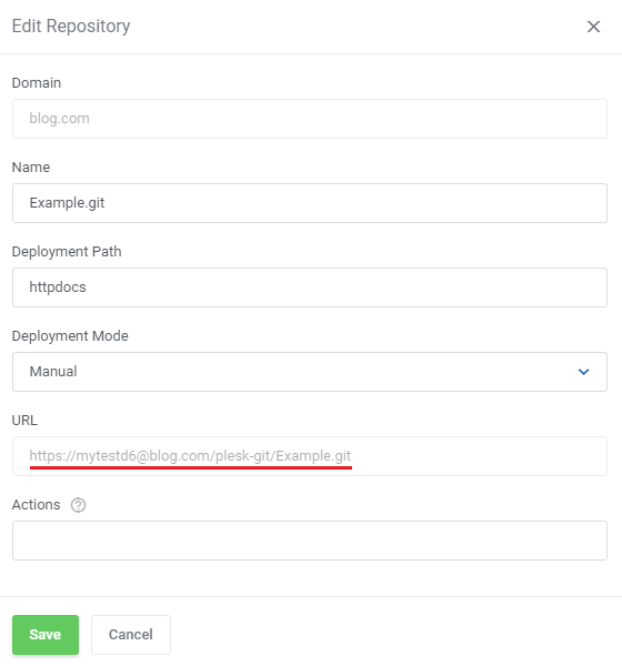 Plesk Extended For WHMCS: Edit Repository form of a Git repository with the read-only URL underlined