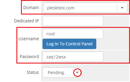 Plesk Extended For WHMCS: WHMCS admin service details with domain and credentials to import a Plesk account