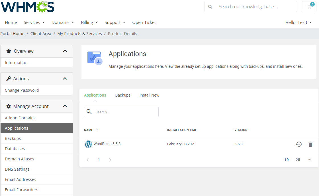 Plesk Extended For WHMCS: Install New Application form for WordPress 5.5 with domain, database and admin fields