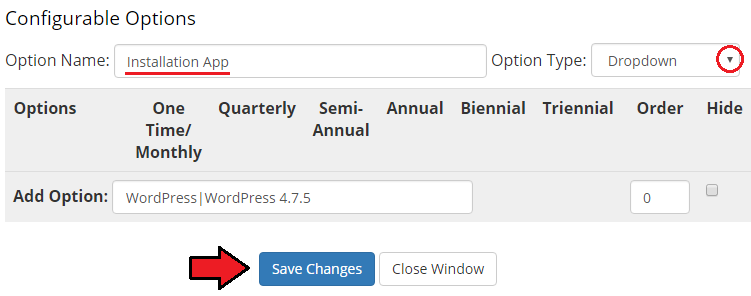 Plesk Extended For WHMCS: WHMCS configurable option Installation App of type Dropdown with a WordPress value