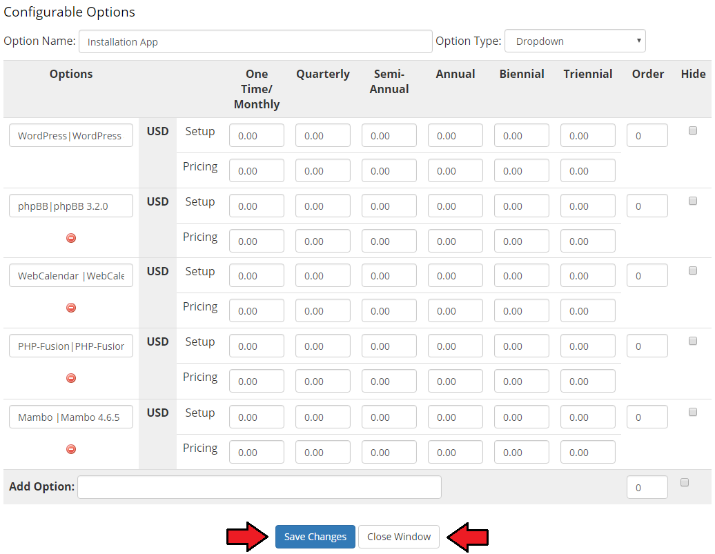 Plesk Extended For WHMCS: WHMCS Installation App dropdown option with five application values