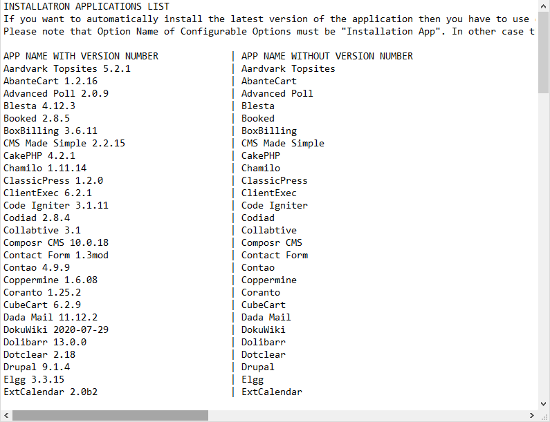 Plesk Extended For WHMCS: Installatron applications list with app names with and without version numbers