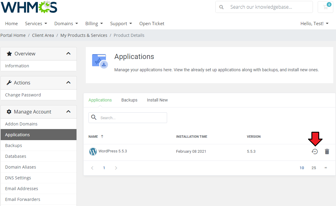 Plesk Extended For WHMCS: client area Applications tab listing the installed WordPress application with action icons