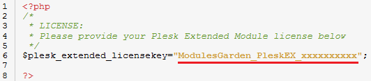 Plesk Extended For WHMCS: license.php file open in an editor with the license key line highlighted