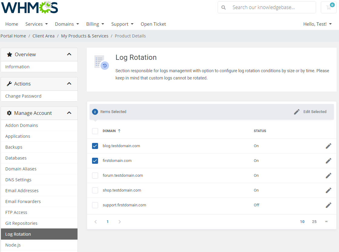 Plesk Extended For WHMCS: Log Rotation list in the client area with two domains selected and Edit Selected bar
