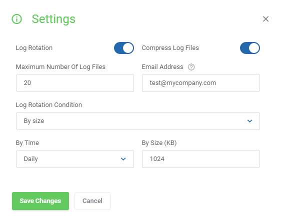 Plesk Extended For WHMCS: Bulk log rotation settings window with rotation by size, 1024 KB limit and compression