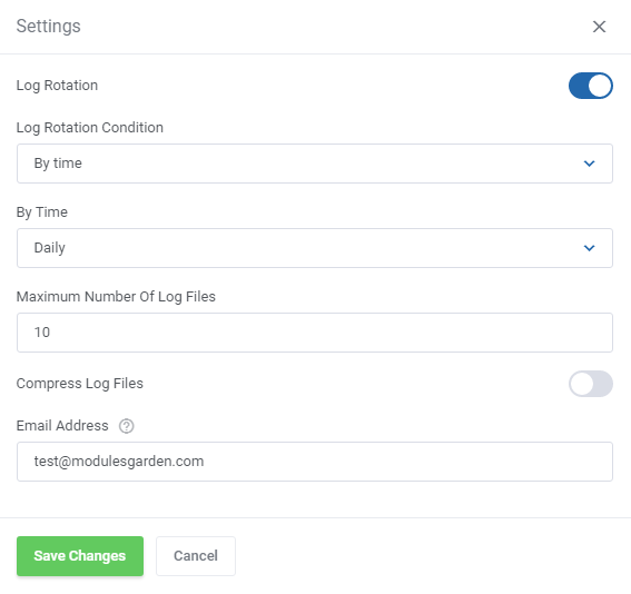 Plesk Extended For WHMCS: Log Rotation settings window with rotation by time, daily, 10 files and email field