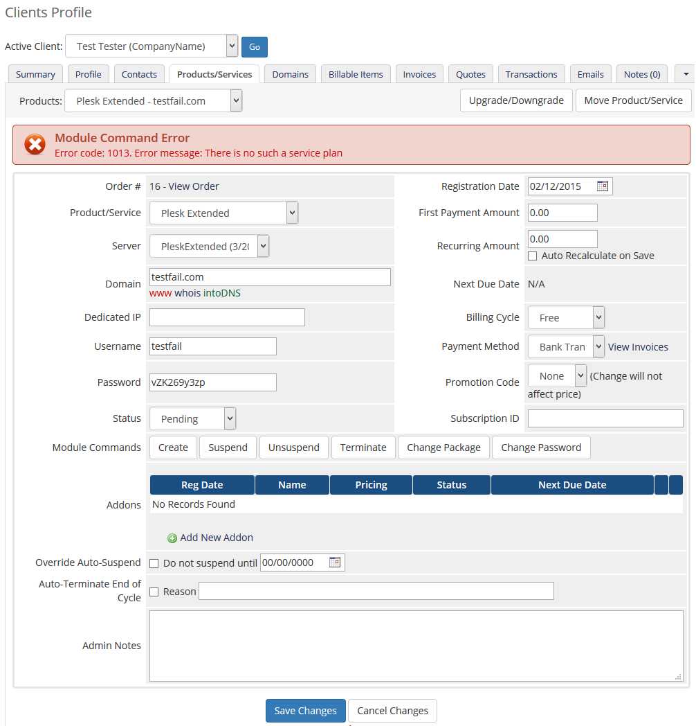 Plesk Extended For WHMCS: WHMCS admin service page with a Module Command Error about a missing service plan