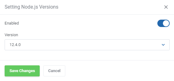 Plesk Extended For WHMCS: Setting Node.js Versions window with the Enabled switch and version 12.4.0 selected