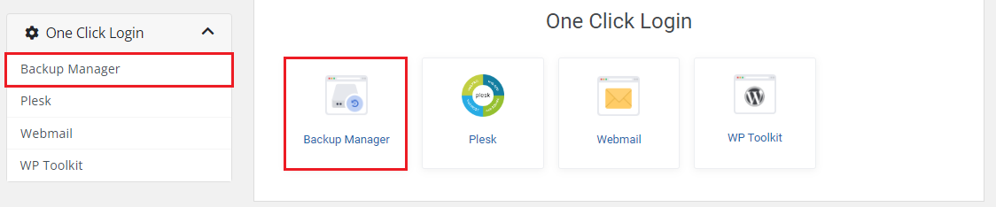 Plesk Extended For WHMCS: One Click Login section with Backup Manager, Plesk, Webmail and WP Toolkit tiles