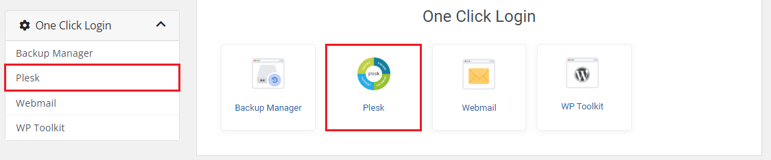 Plesk Extended For WHMCS: One Click Login section in the WHMCS client area with the Plesk entry highlighted