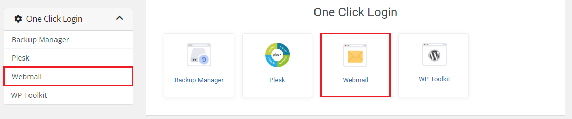 Plesk Extended For WHMCS: One Click Login section in the WHMCS client area with the Webmail entry highlighted