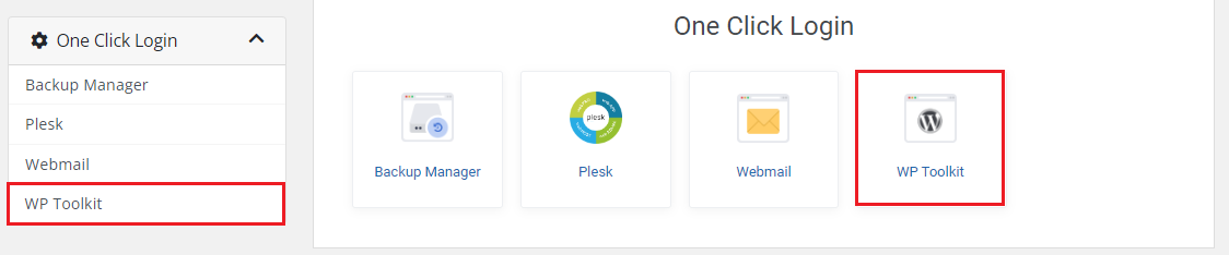 Plesk Extended For WHMCS: One Click Login section in the WHMCS client area with the WP Toolkit entry highlighted