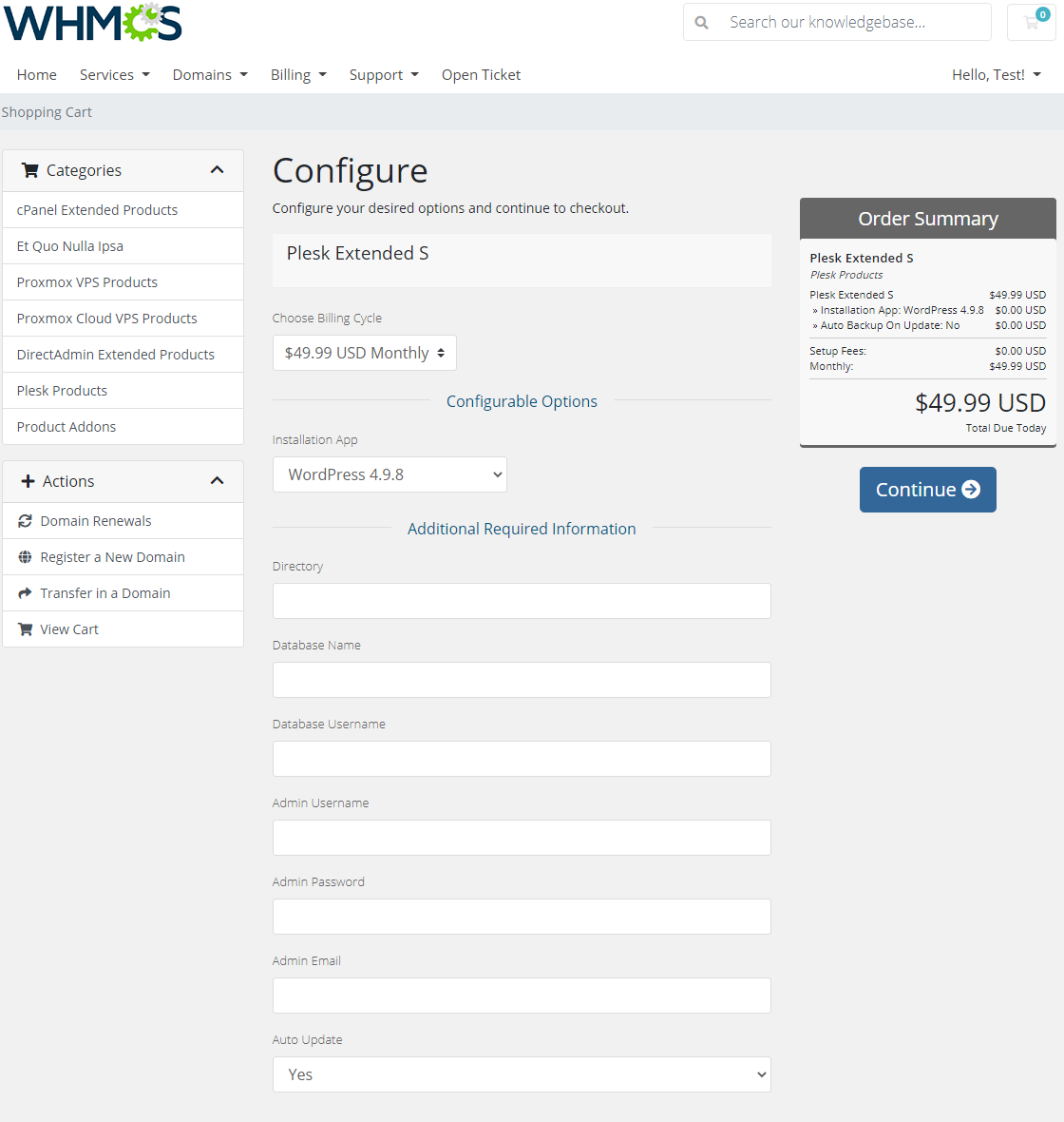 Plesk Extended For WHMCS: WHMCS order form with custom fields under Additional Required Information