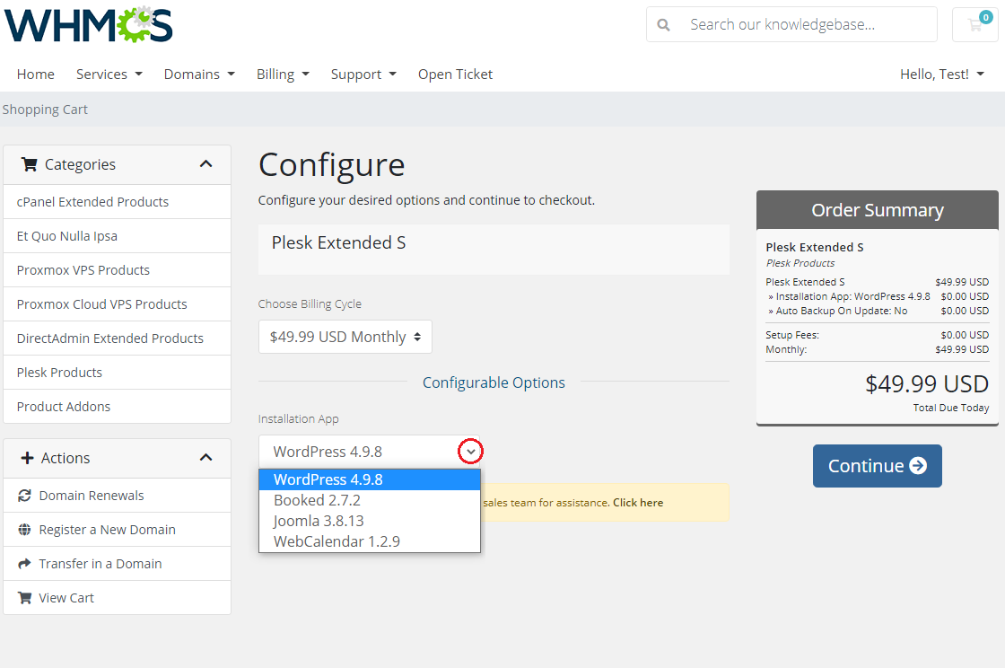 Plesk Extended For WHMCS: WHMCS client area order form with the Installation App dropdown listing applications