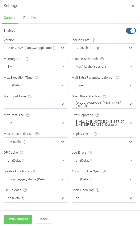 Plesk Extended For WHMCS: PHP Settings window with General tab, PHP version, memory limit and upload options